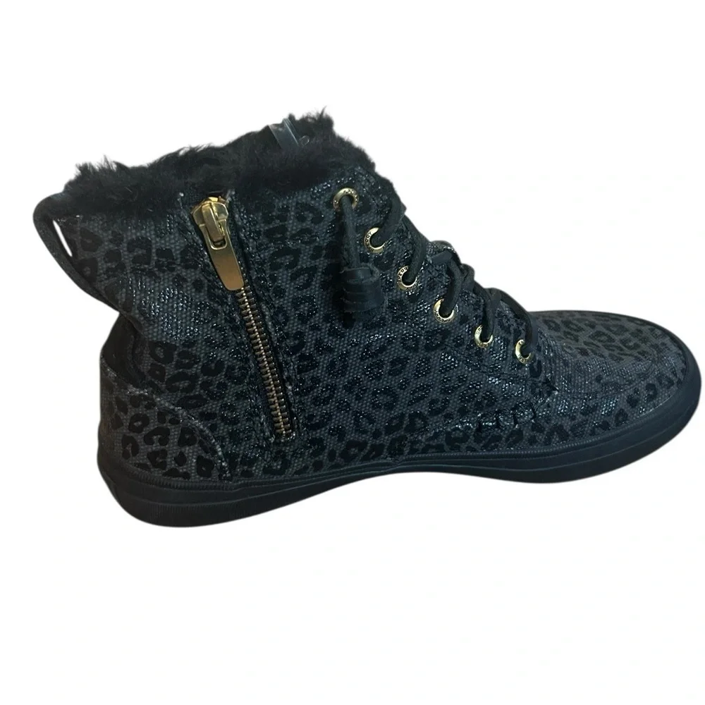Sperry Black Leopard Crest Vibe Canvas Hightop Sneaker Fur Booties Women’s 7.5M